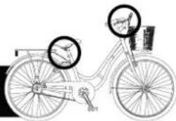 Diagram of a bicycle with two circular gauges showing front and rear views, including a person's head and hand on the side.