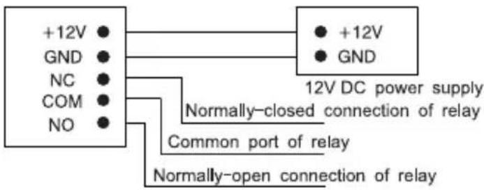 +12V GND NC COM NO +12V GND 12V DC power supply Normally-closed connection of relay Common port of relay Normally-open connection of relay