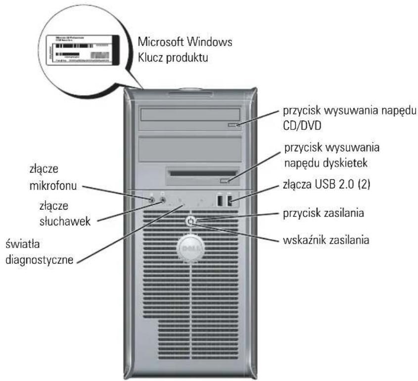 Microsoft Windows Klucz produktu złącze mikrofonu złącze słuchawek światła diagnostyczne przycisk wysuwania napędu CD/DVD przycisk wysuwania napędu dyskietek złącza USB 2.0 (2) przycisk zasilania wskaźnik zasilania