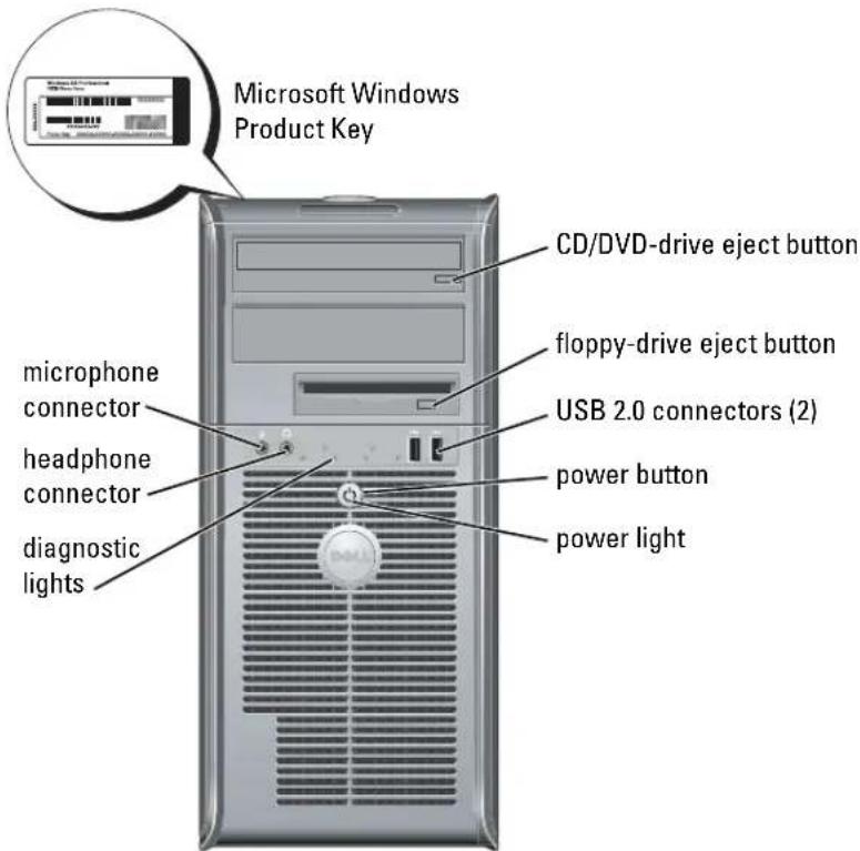 Microsoft Windows Product Key CD/DVD-drive eject button floppy-drive eject button USB 2.0 connectors (2) power button power light microphone connector headphone connector diagnostic lights