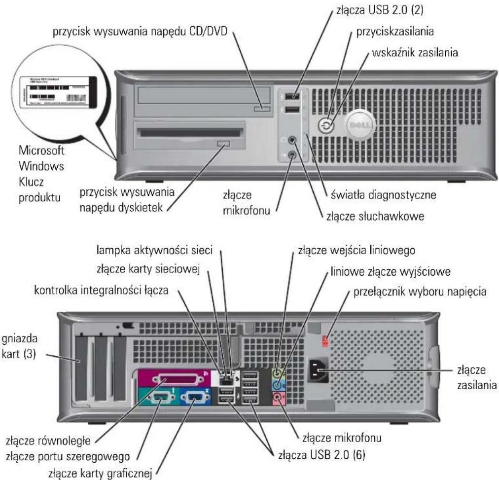 przycisk wysuwania napędu CD/DVD Microsoft Windows Klucz produktu przycisk wysuwania napędu dyskietek złącze mikrofonu złącza USB 2.0 (2) przyciskzasilania wskaźnik zasilania światła diagnostyczne złącze słuchawkowe lampka aktywności sieci złącze karty sieciowej kontrolka integralności łącza złącze wejścia liniowego liniowe złącze wyjściowe przełącznik wyboru napięcia gniazda kart (3) złącze równoległe złącze portu szeregowego złącze karty graficznej złącze mikrofonu złącza USB 2.0 (6)