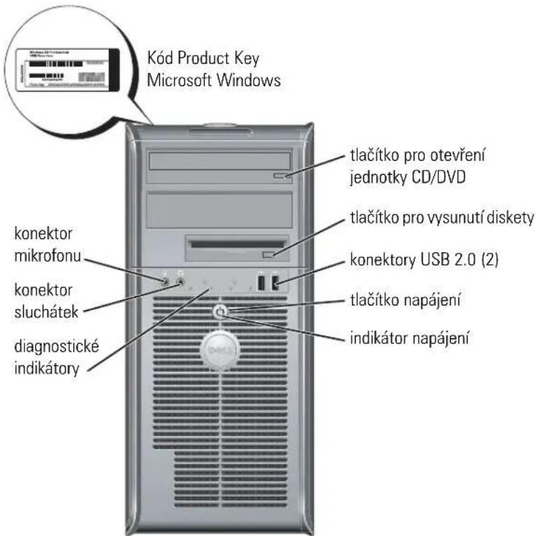Kód Product Key Microsoft Windows konektor mikrofonu konektor sluchátek diagnostické indikátory tlačítko pro otevření jednotky CD/DVD tlačítko pro vysunutí diskety konektory USB 2.0 (2) tlačítko napájení indikátor napájení