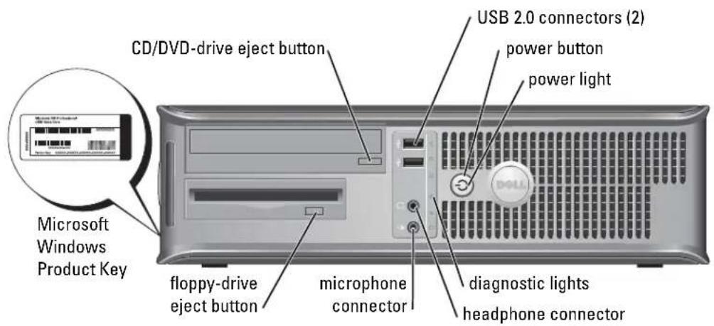 CD/DVD-drive eject button Microsoft Windows Product Key floppy-drive eject button microphone connector USB 2.0 connectors (2) power button power light diagnostic lights headphone connector