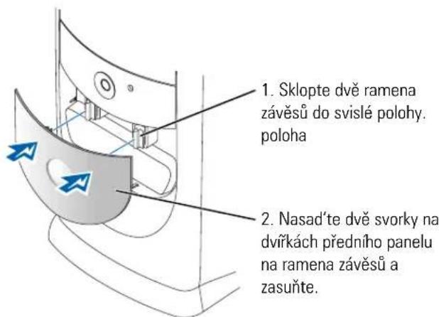 1. Sklopte dvě ramena závěsů do svislé polohy. poloha 2. Nasad'te dvě svorky na dvřkách předního panelu na ramena závěsů a zasuňte.