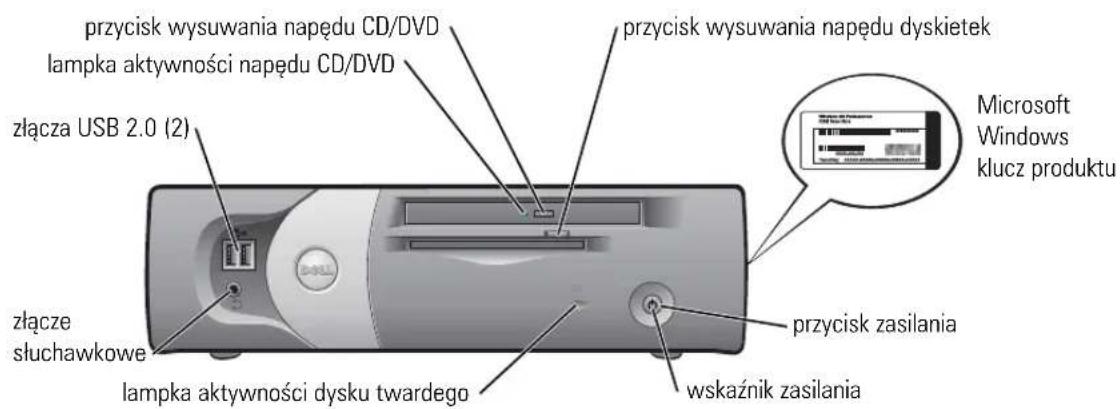 przycisk wysuwania napędu CD/DVD lampka aktywności napędu CD/DVD złącza USB 2.0 (2) złącze słuchawkowe lampka aktywności dysku twardego przycisk wysuwania napędu dyskietek Microsoft Windows klucz produktu przycisk zasilania wskaźnik zasilania