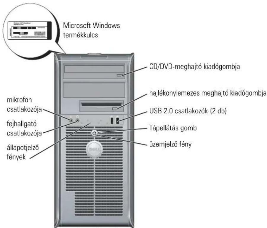 Microsoft Windows termékkulcs mikrofon csatlakozója fejhallgató csatlakozója állapotjelző fények CD/DVD-meghajtó kiadógombja hajlékonylemezes meghajtó kiadógombja USB 2.0 csatlakozók (2 db) Tápellátás gomb üzemjelző fény