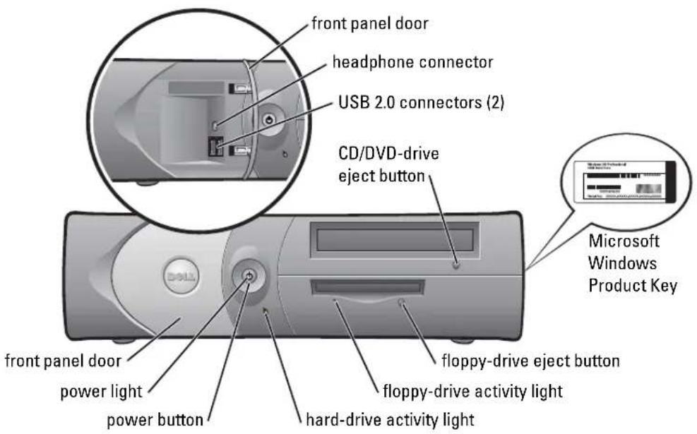 front panel door headphone connector USB 2.0 connectors (2) CD/DVD-drive eject button Microsoft Windows Product Key front panel door power light power button hard-drive activity light floppy-drive eject button floppy-drive activity light