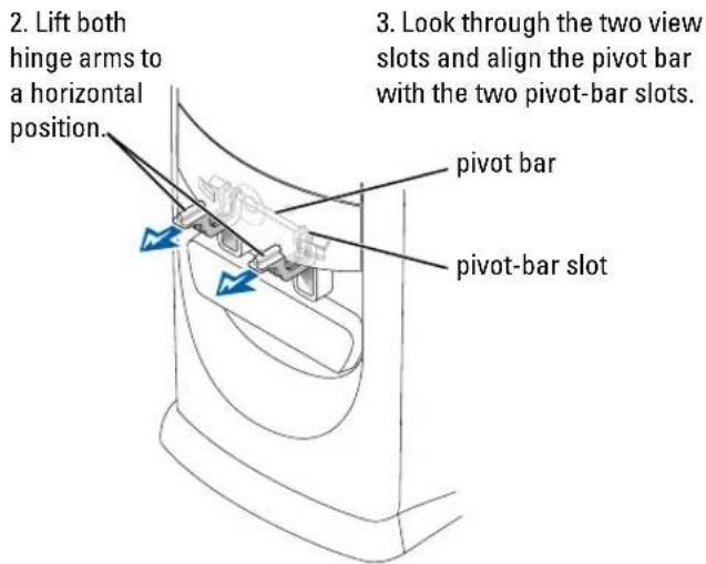 2. Lift both hinge arms to a horizontal position. 3. Look through the two view slots and align the pivot bar with the two pivot-bar slots. pivot bar pivot-bar slot