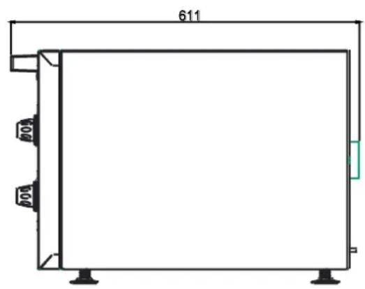 Technical line drawing of a rectangular enclosure with mounting feet and dimension label (611), no readable text or symbols beyond measurement markers