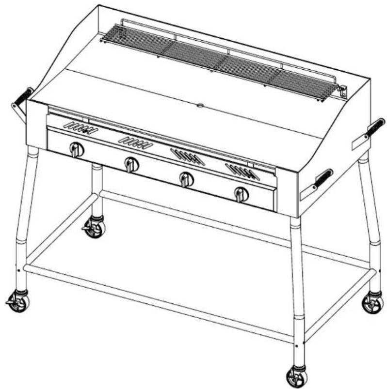 Line drawing of a portable grating or grill with wheels and control knobs (no text or symbols)