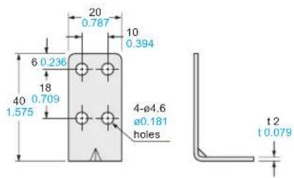 20 0.787 10 0.394 6 0.236 18 40 0.709 1.575 4-Ø4.6 Ø0.181 holes t2 t 0.079