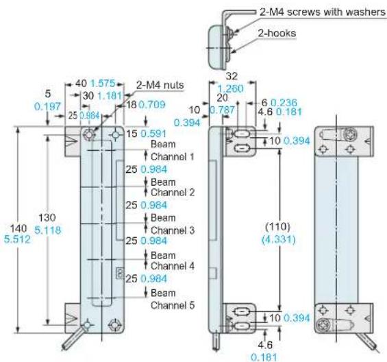 2-M4 screws with washers 2-hooks 5 0.197 40 1.575 30 1.181 2-M4 nuts 18 0.709 10 0.394 32 1.260 20 6 0.236 4.6 0.181 15 0.591 Beam Channel 1 25 0.984 Beam Channel 2 25 0.984 Beam Channel 3 25 0.984 Beam Channel 4 25 0.984 Beam Channel 5 140 130 5.512 5.118 (110) (4.331) 10 0.394 4.6 0.181