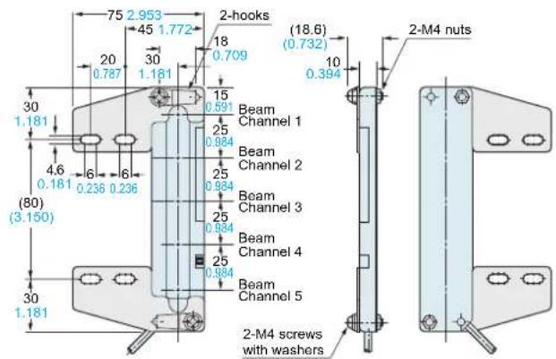 75 2.953 45 1.772 2-hooks (18.6) (0.732) 10 0.394 30 1.181 20 0.787 30 1.181 15 0.59 Beam Channel 1 25 0.984 Beam Channel 2 25 0.984 Beam Channel 3 25 0.984 Beam Channel 4 25 0.984 Beam Channel 5 30 1.181 (80) (3.150) 2-M4 nuts 2-M4 screws with washers