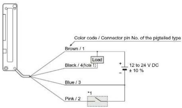 Color code / Connector pin No. of the pigtailed type Brown / 1 Load Black / 4(Note 1) Blue / 3 Pink / 2 + 12 to 24 V DC ± 10 % -