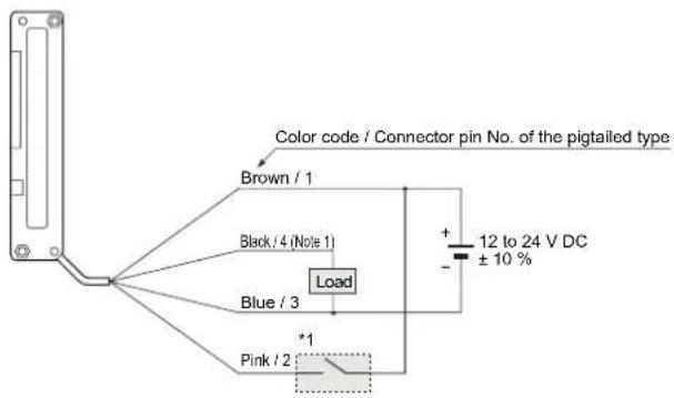Color code / Connector pin No. of the pigtailed type Brown / 1 Black / 4 (Note 1) Blue / 3 Load + 12 to 24 V DC ± 10 % Pink / 2 +1