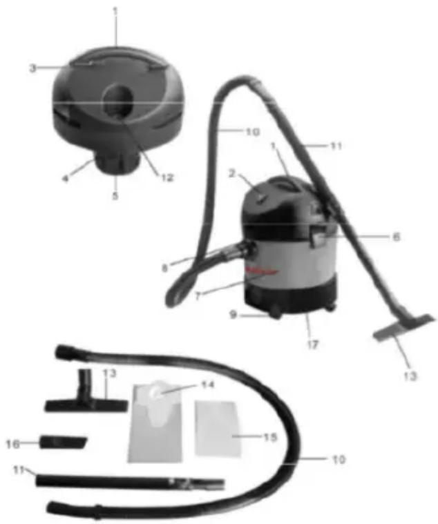 Technical diagram of a vacuum cleaner with numbered parts for identification