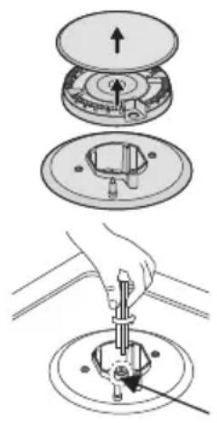 Diagram illustrating three-step mechanical assembly steps: top view, cross-section, and bottom view with tool insertion.