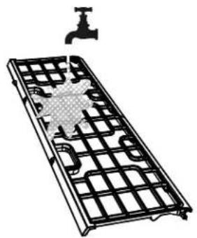 Diagram of a metal grid device with a faucet and a water tank, no text or symbols present