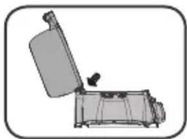 Diagram of a mechanical device with an open lid and base, showing no text or symbols