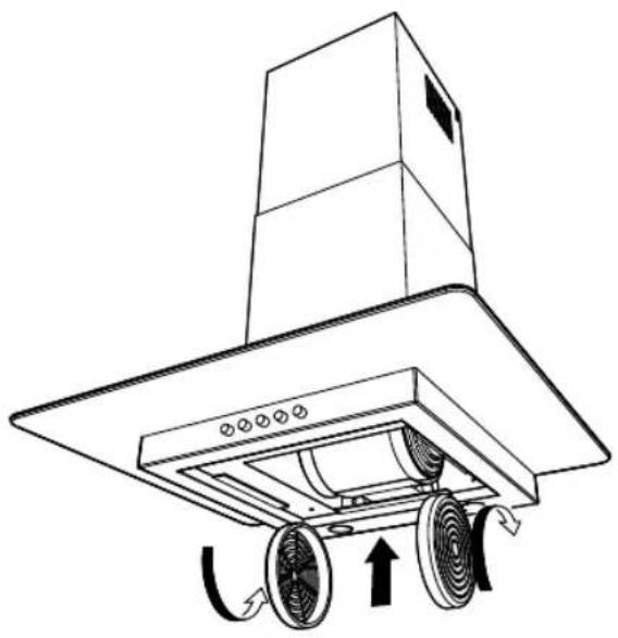 Line drawing of a kitchen air duct with cooling fans and airflow arrows (no text or symbols)