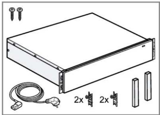 Technical line drawing of a server rack with screw, cable, and two 2x side connectors (no text or symbols)