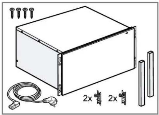 Technical line drawing of a rectangular electronic device with mounting screws, cables, and two 2x side connectors (no text or symbols)