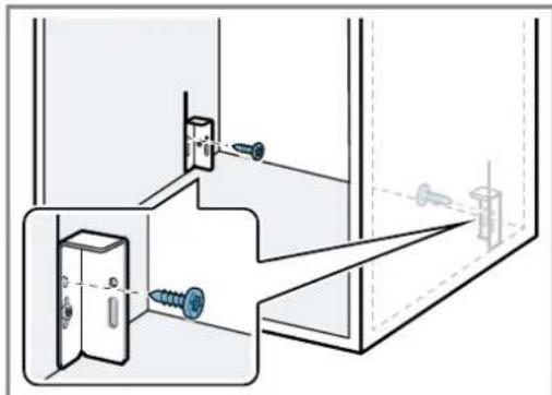 Technical diagram showing a door lock assembly with screws and a bracket, no text or symbols present