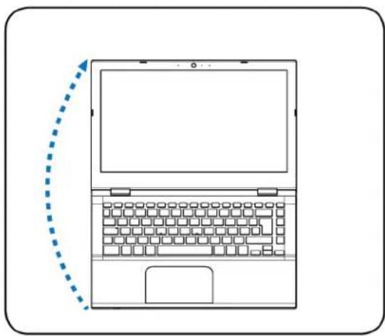 Line drawing of a laptop with a dashed arrow indicating left-side motion (no text or symbols)