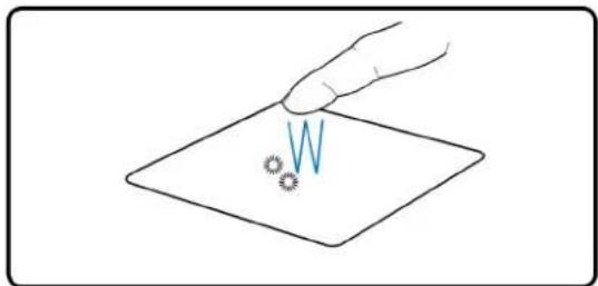 Diagram showing a hand placing a letter 'W' on a plane with a small circular symbol, likely illustrating a concept such as magnetic field or motion.