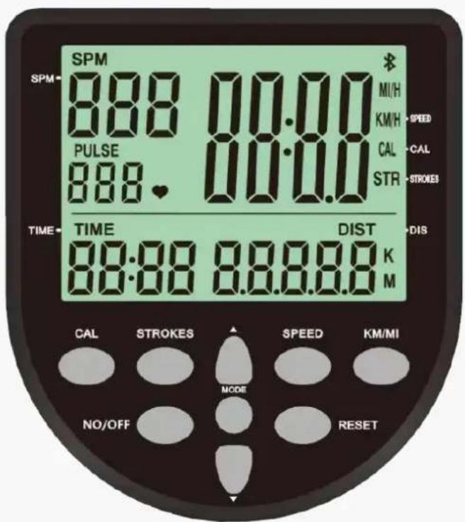 SPM SPM 888 00:00 PULSE 888. 00:00 TIME TIME DIST K M CAL STROKES SPEED KM/MI NO/OFF MODE RESET