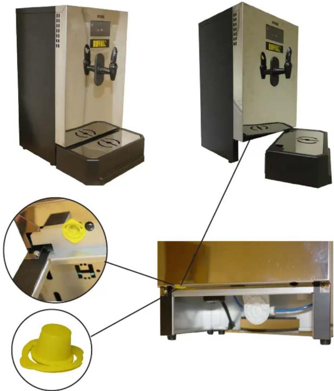 Exterior view of a laboratory water heater with internal components and close-up insets showing internal components (no text or symbols visible)