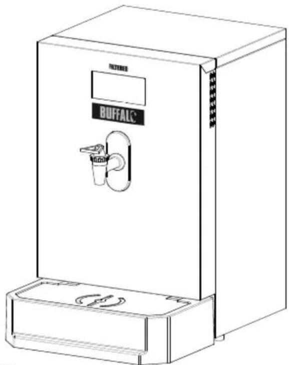 Line drawing of a stainless steel water dispenser with label 'BUFFALC' and control panel (no text beyond branding)