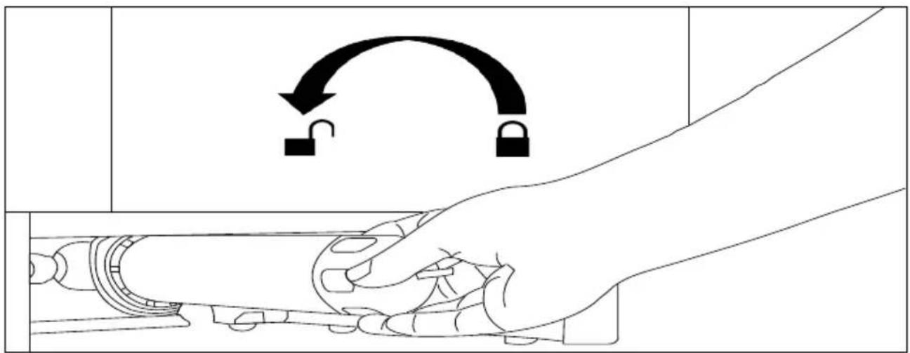 Diagram illustrating a hand operating a mechanical device with lock and unlock symbols, showing motion and assembly.