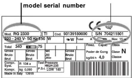 model serial number Mod. RG 2330 TI Cod. 93139180000 S/N 704211801 220 - 240 V-50 Hz 150 W W Fuse A Max 15 w Total 340 75 Gross Bruto Brut Gross Bruto Brut Net Jill Julie Gross Bruto Brut Freez. Capac Poder de Cong kg/24 h 4,0 N Classe N Classe Compr. R 134 a Test Pressure HIGH-235 Kompr. kg 0,090 LOW 140 Made in Italy 13916