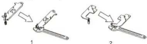 Technical diagram showing two mechanical assembly steps labeled 1 and 2, with tool positions and motion indicators.