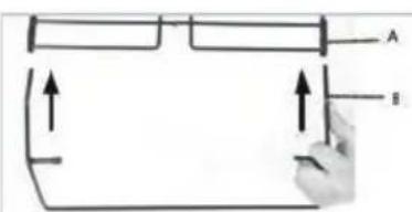 Diagram showing a hand holding a rectangular object with labeled points A and B, and directional arrows indicating movement or force.