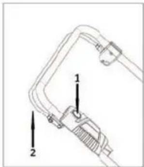 Technical diagram of a mechanical device with labeled parts 1 and 2, showing internal components and directional arrows.