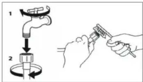 Diagram illustrating a water tap installation procedure with labeled steps and hands using a tool.