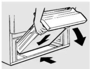 Illustration of a hand using a tool to lift or lift a rectangular object, with arrows indicating direction (no text or symbols)
