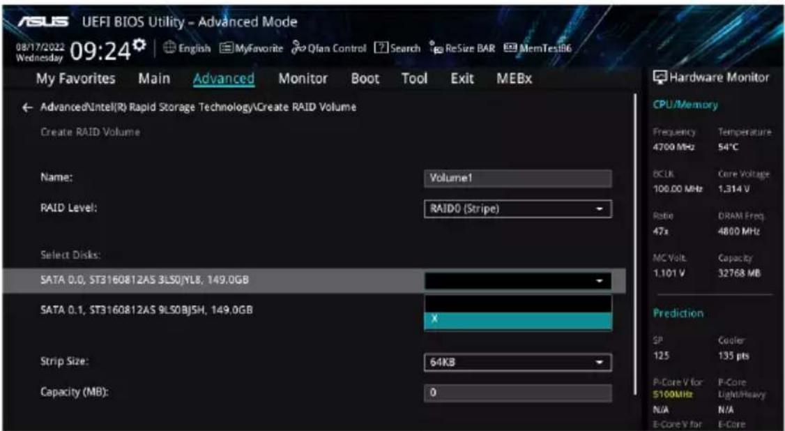 ASUS UEFI BIOS Utility - Advanced Mode. 08/17/2022 09:24 English MyFavorite Qfan Control Search ReSize BAR MemTestB6. Wednesday. My Favorites Main Advanced Monitor Boot Tool Exit MEBx. Advanced\Intel(R) Rapid Storage Technology\Create RAID Volume. Create RAID Volume. Name: Volume1. RAID Level: RAID0…