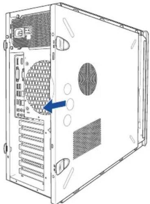 Diagram of a server rack with internal components and a blue arrow pointing to a component (no text or symbols present)