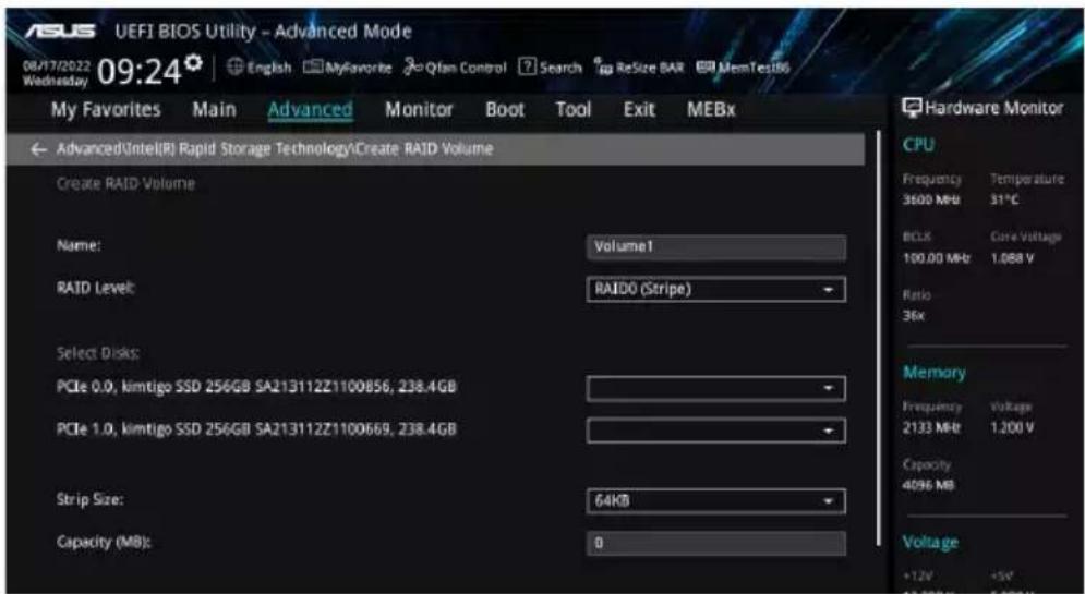 USI UEFI BIOS Utility - Advanced Mode, 08/17/2022 09:24, Wednesday. My Favorites, Main, Advanced, Monitor, Boot, Tool, Exit, MEBx. Advanced Intel(R) Rapid Storage Technology \ Create RAID Volume. Create RAID Volume: Name: Volume1, RAID Level: RAID0 (Stripe), Select Disks: PCIe 0.0, kimtigo SSD 256GB…