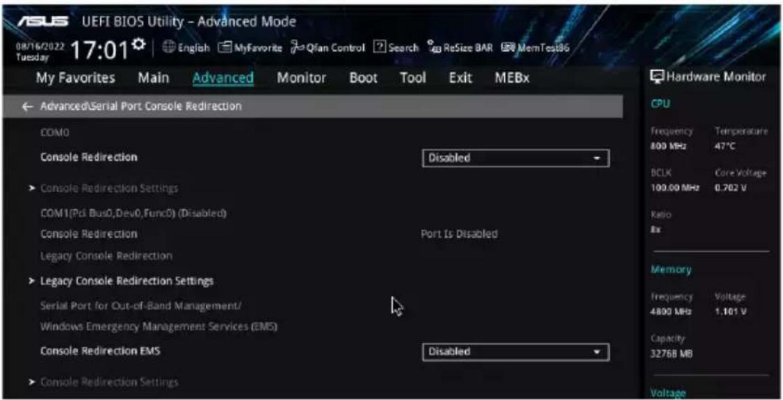 UEFI BIOS Utility - Advanced Mode 08/16/2022 17:01 English MyFavorite Qfan Control Search ReSize BAR MemTest36 Tuesday My Favorites Main Advanced Monitor Boot Tool Exit MEBx Advanced Serial Port Console Redirection COM0 Console Redirection Disabled Console Redirection Settings COM1(Pd Bus0,Dev0,Func…
