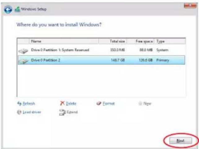 Windows Setup Where do you want to install Windows? Name Total size Free space Type Drive 0 Partition 1: System Reserved 350.0 MB 88.0 MB System Drive 0 Partition 2 148.7 GB 139.6 GB Primary Refresh Delete Format Now Load driver Extend Next