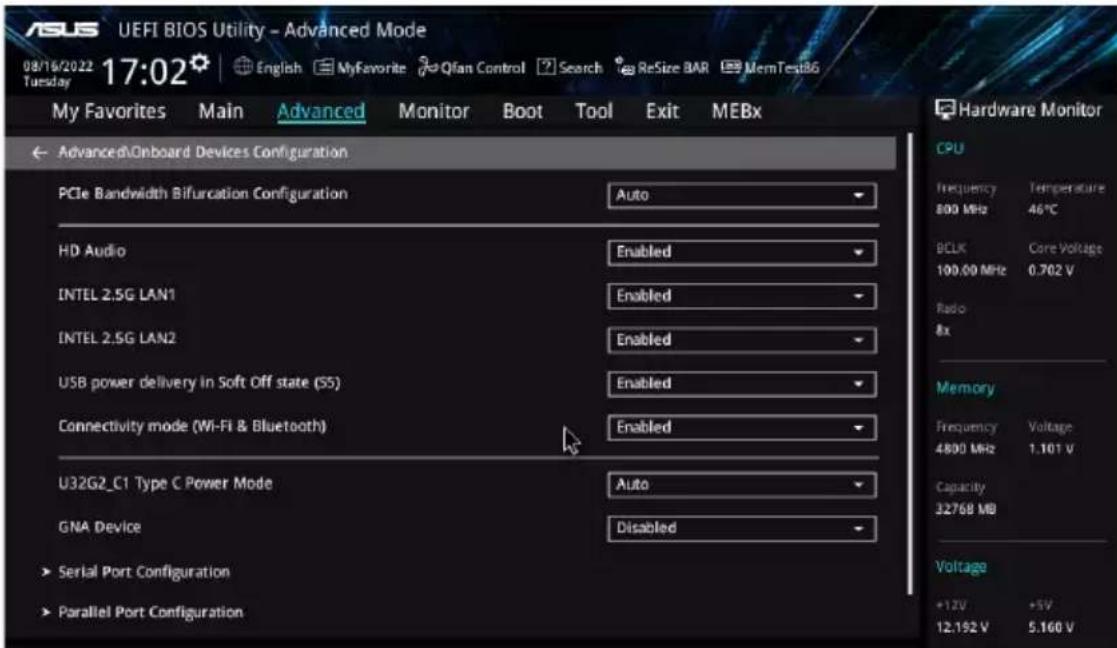 ASUS UEFI BIOS Utility - Advanced Mode. 08/16/2022 17:02. English MyFavorite Qfan Control Search ReSize BAR MemTest86. Tuesday. My Favorites Main Advanced Monitor Boot Tool Exit MEBx. Advanced\Onboard Devices Configuration. PCIe Bandwidth Bifurcation Configuration: Auto. HD Audio: Enabled. INTEL 2.5…