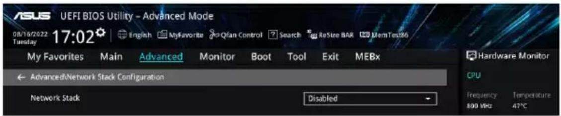 ASUS UEFI BIOS Utility - Advanced Mode 08/16/2022 17:02 English MyFavorite Qian Control Search ReSize BAR MemTest36 Tuesday My Favorites Main Advanced Monitor Boot Tool Exit MEBx Advanced\Network Stack Configuration Network Stack Disabled Hardware Monitor CPU Frequency Temperature 800 MHz 47°C