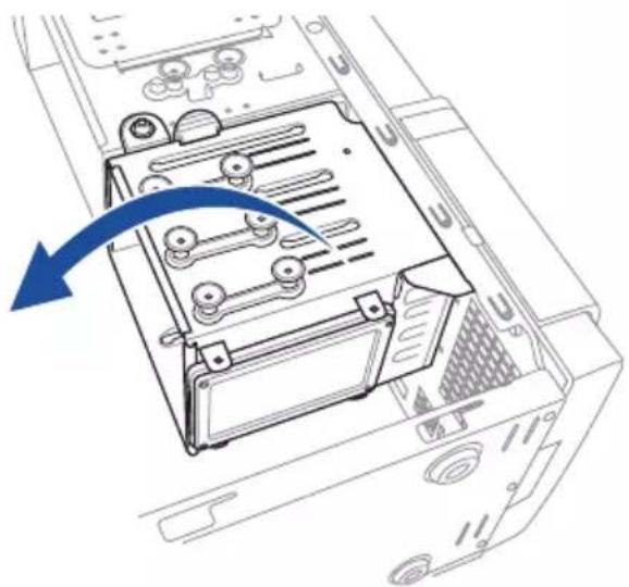 Technical line drawing of a computer tower internal structure with a blue arrow indicating a component (no text or symbols present)