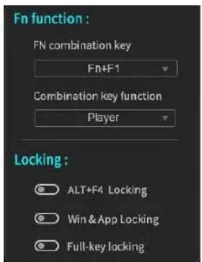 Fn function : FN combination key Fn+F1 Combination key function Player Locking : ALT+F4 Locking Win & App Locking Full-key locking