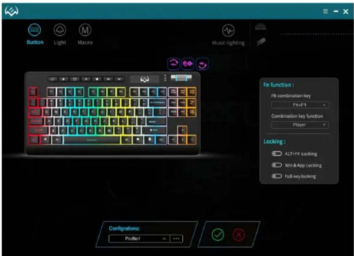 Button Light Macro Music-lighting Fn function : FN combination key Fn+F1 Combination key function Player Locking : ALT+F4 Locking Win & App Locking Full-key locking Configurations: Profile1