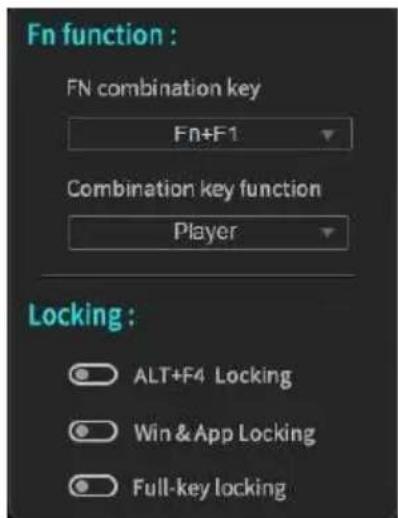 Fn function : FN combination key Fn+F1 Combination key function Player Locking : ALT+F4 Locking Win & App Locking Full-key locking